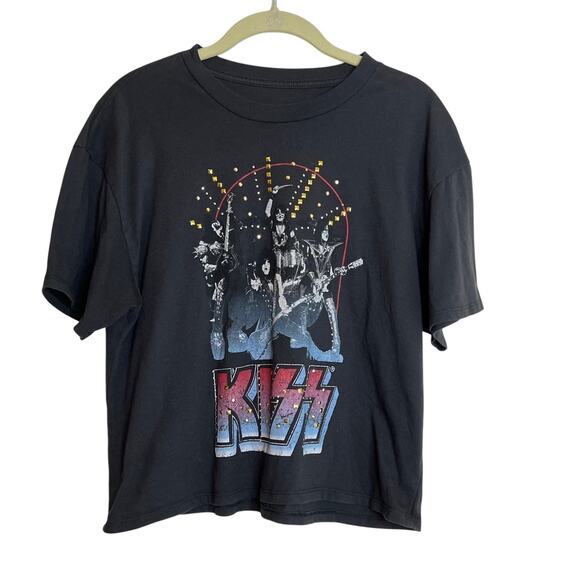 KISS Band T-Shirt Womens M Black Concert Graphic Studded Logo Vinyl Icons Tee - Picture 1 of 5